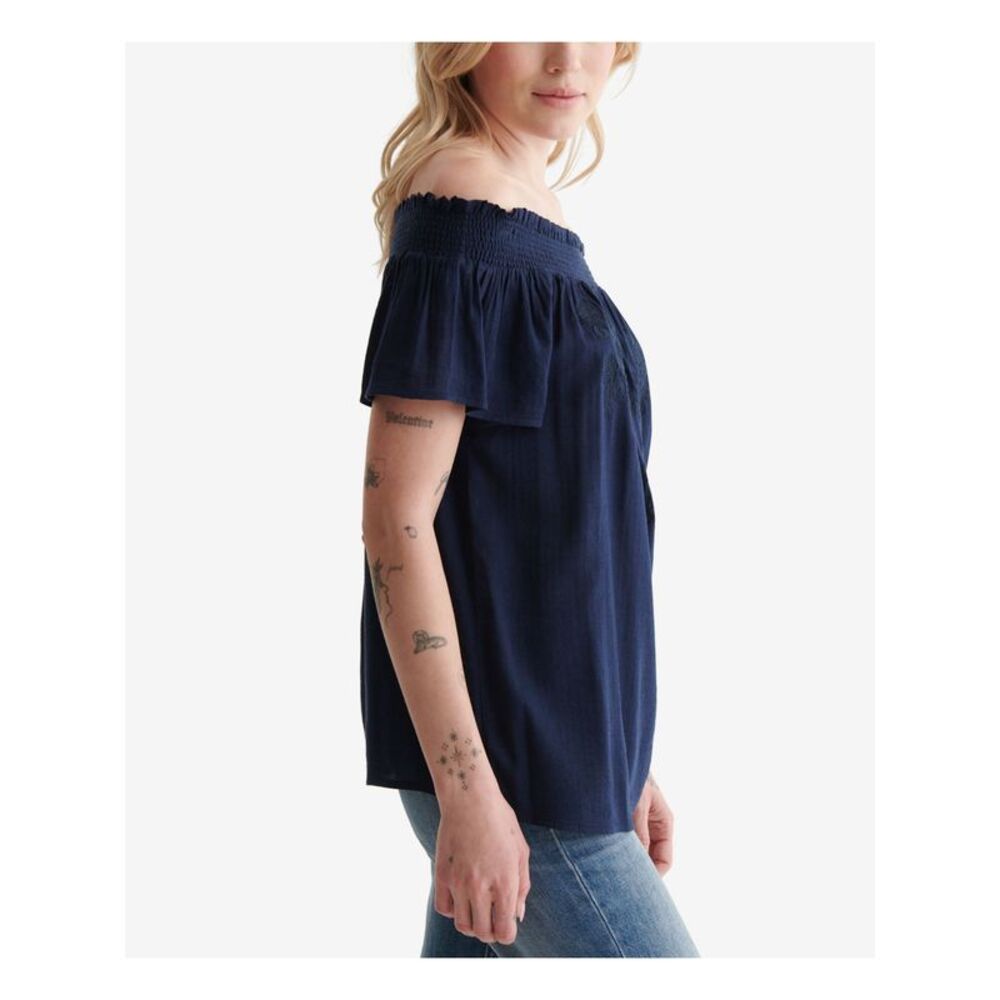 LUCKY BRAND Womens Navy Ruffled Sheer Smocked Short Sleeve Off Shoulder Top S - Picture 3 of 4